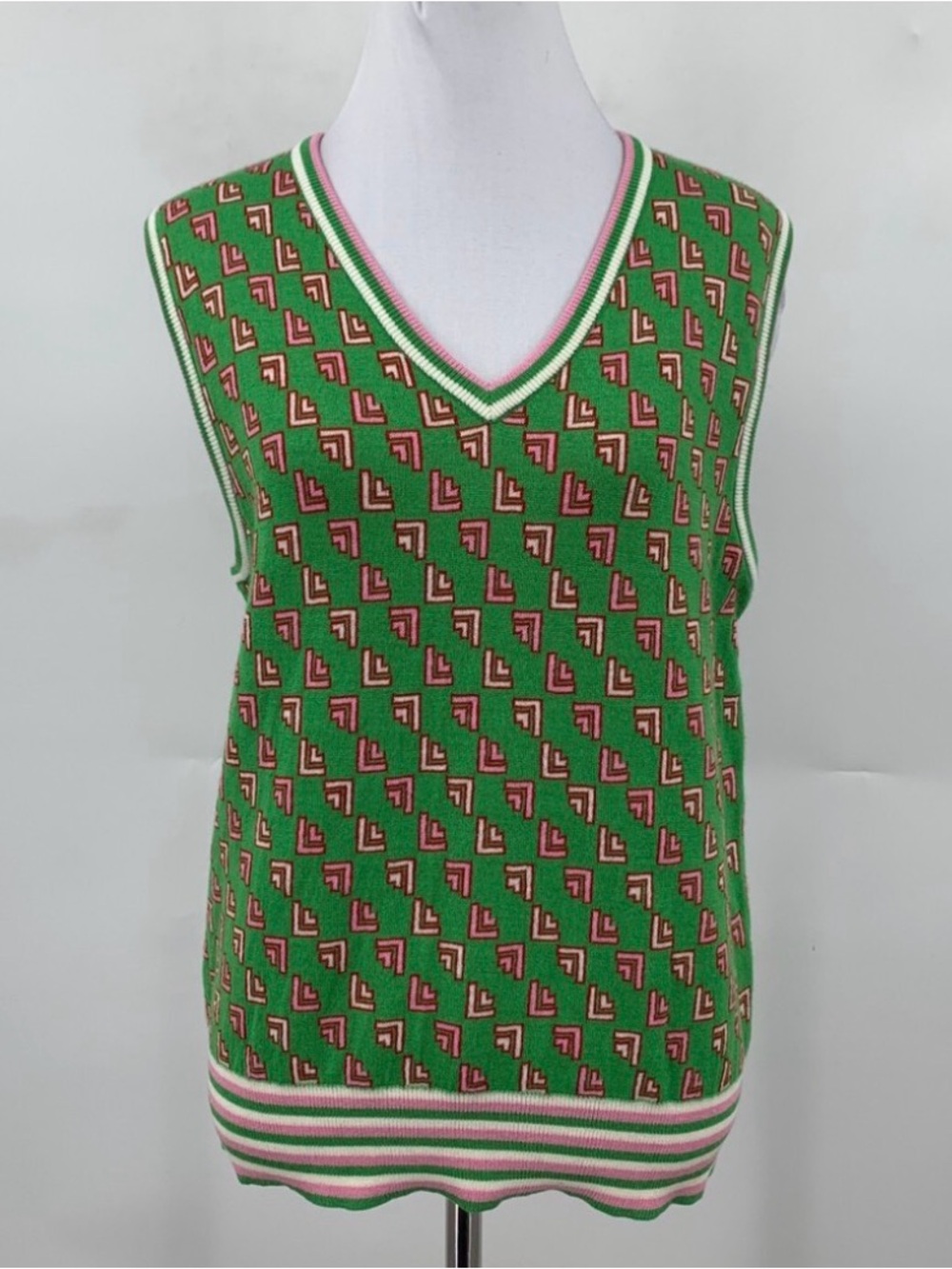 Tory Sport By Tory Burch Performance Merino Jacquard Vest In Pink/Green Size M - Picture 1 of 6